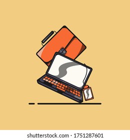 laptop and bag is falling together on light brown background