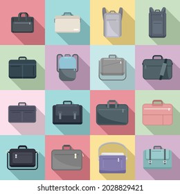 Laptop bag icons set flat vector. Computer case. Shoulder luggage