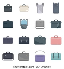 Laptop bag icons set flat vector. Computer case. Shoulder luggage isolated