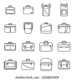 Laptop bag icons set outline vector. Computer case. Shoulder luggage