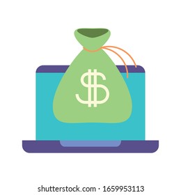 laptop with bag money on white background vector illustration design