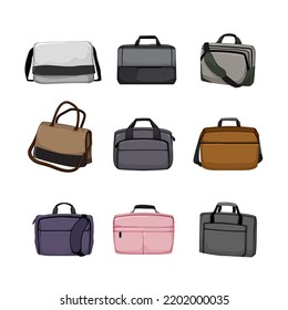 Laptop Bag Set Cartoon. Business Computer, Travel Fashion, Briefcase Modern, Case Leather, Backpack Laptop Bag Vector Illustration