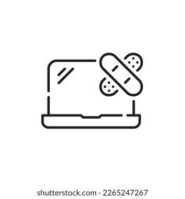 Laptop with bandaid. Computer repair clinic. Pixel perfect, editable stroke icon