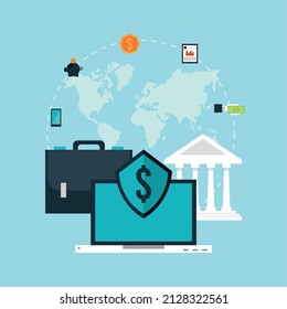 laptop and banking set icons