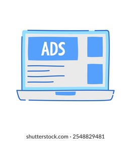 Laptop Banner Ad Icon Doodle Illustration, soft colour palette in Hand drawn style. Perfect for marketing, branding, or advertising projects.