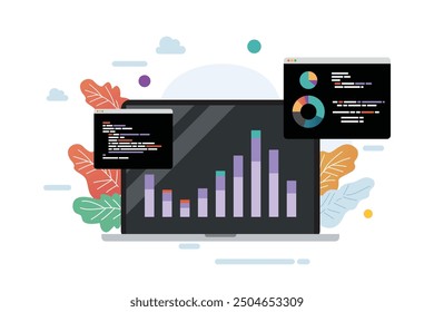 Laptop with bar chart and data. Business analytic concept. vector illustration