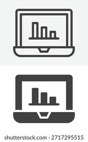 Ordenador portátil con gráfico de barras diferente estilo icono conjunto. Línea y contorno con versión de icono sólido, signo de Vector de trazo editable y símbolo. Icono de gráfico de portátil para análisis e informes.