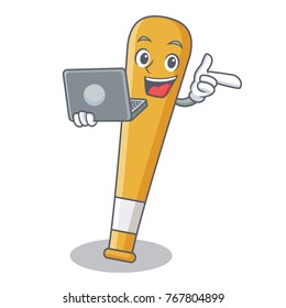 With laptop baseball bat character cartoon