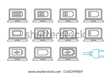 Laptop battery charging linear icons set. Computer high, low, middle charge. Notebook battery level indicator. Thin line contour symbols. Isolated vector outline illustrations. Editable stroke