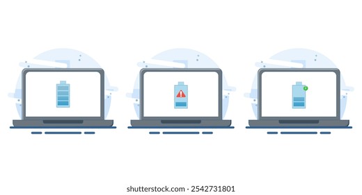 Concepto de indicador de nivel de energía de la batería del ordenador portátil, bajo nivel de batería, carga de la batería, batería completamente cargada. Ilustración vectorial plana sobre fondo blanco aislado.
