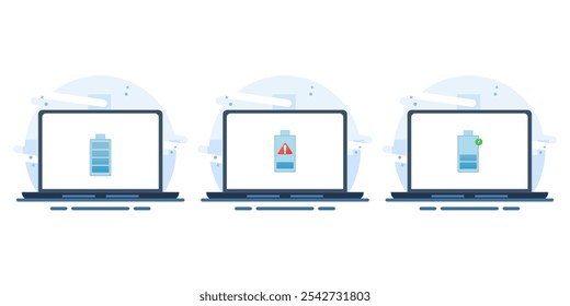 Laptop battery energy level indicator concept, low battery level, battery charging, fully charged battery. Flat vector illustration on isolated white background.