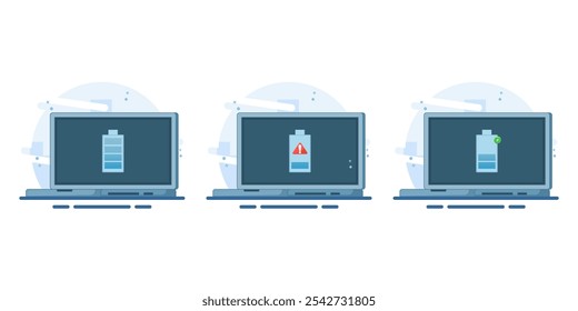Laptop-Batteriestandard-Konzept, niedriger Batteriestandard, Batterieladung, voll aufgeladene Batterie. Flache Vektorgrafik auf einzeln weißem Hintergrund.