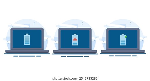 Laptop battery energy level indicator concept, low battery level, battery charging, fully charged battery. Flat vector illustration on isolated white background.