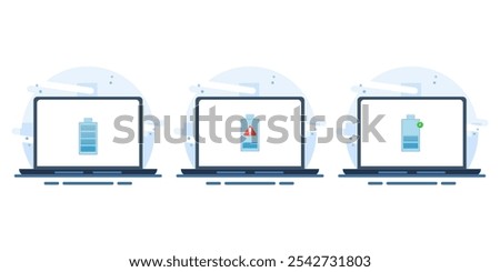 Laptop battery energy level indicator concept, low battery level, battery charging, fully charged battery. Flat vector illustration on isolated white background.