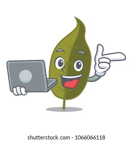 With laptop bay leaf character cartoon
