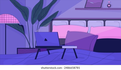 Laptop bed desk in bedroom at night 2D cartoon background. Late night internet browsing colorful aesthetic vector illustration, nobody. Sleepless cozy pillows bedding flat wallpaper art, lofi image