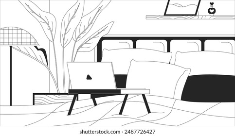 Laptop bed desk in bedroom at night outline 2D cartoon background. Late night browsing linear aesthetic vector illustration. Sleepless cozy pillows bedding flat wallpaper art, monochromatic lofi image