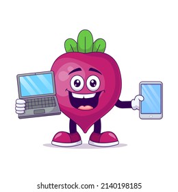 With laptop beetroot cartoon mascot character vector illustration design