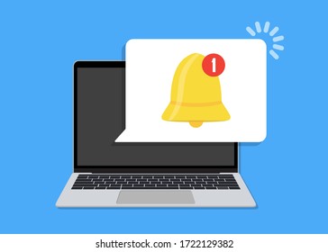 Portátil con burbuja de voz de notificación de campana en un diseño plano
