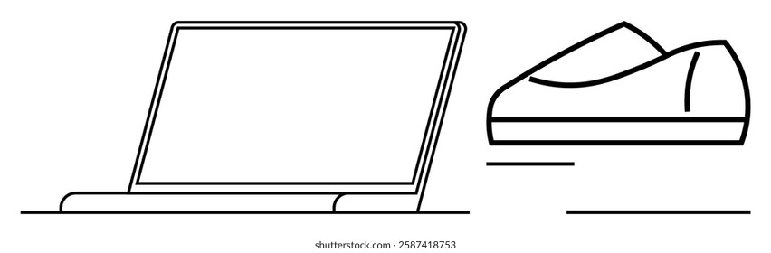 Laptop beside a computer mouse. Ideal for technology, work from home, online learning, digital communication, office environments, graphic design, productivity concepts. Line metaphor