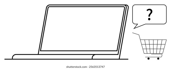 Laptop beside a shopping cart with a speech bubble containing a question mark. Ideal for e-commerce, customer service, online shopping assistance, technical support, and digital marketing themes