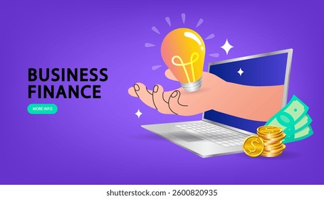 laptop with a big light bulb. Creative idea, brainstorming, teamwork, startup, business solution, thinking process concept. online job or e-learning. Vector, flat design and illustration.