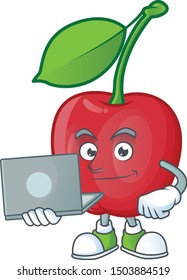 With Laptop Bing Cherries Isolated Mascot In Character