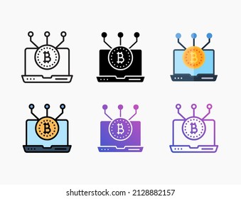 Laptop bitcoin monitor icon set with line, outline, flat, filled, glyph, color, gradient. Editable stroke and pixel perfect. Can be used for digital product, presentation, print design and more.