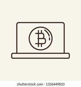 Laptop with bitcoin on screen line icon. Computer, pc, coin. Mining concept. Can be used for topics like earning money,  finance, technology