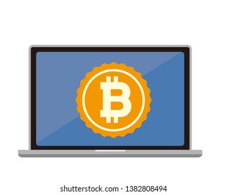 Laptop with bitcoin on screen line icon. Computer, coin. 