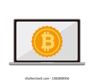 Laptop with bitcoin on screen line icon. Computer, coin. 