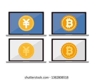 Laptop with bitcoin on screen line icon. Computer, coin. 