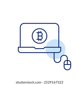 Laptop with bitcoin symbol and computer mouse. Cryptocurrency wallets or trading. Pixel perfect vector icon