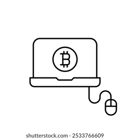 Laptop with bitcoin symbol and computer mouse. Cryptocurrency wallets or trading. Pixel perfect, editable stroke icon