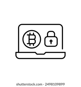 Laptop, bitcoin symbol and lock. Secure cryptocurrency transactions, personal account. Pixel perfect vector icon
