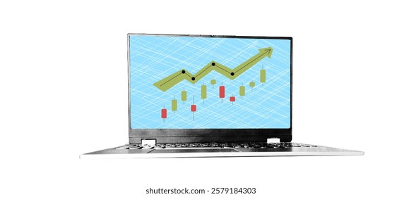  Laptop with bitcoin trading chart going up on transparent background. bull market Sales growth design. Stylish cut out element cryptocurrency halftone collage.