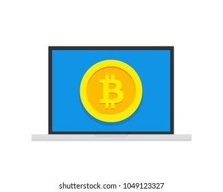 Laptop with bitcoin vector illustration, flat design of computer pc with coins