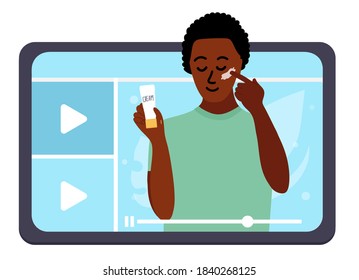 Laptop. Black african man Beauty blogger showing trend makeup tutorial with face cream. creating content and posting on social media. Vector flat.