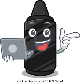 With laptop black crayon in a cartoon wallet