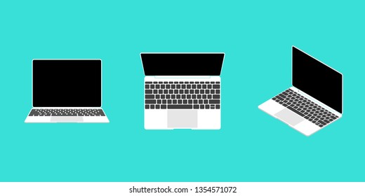 Laptop with black screen isolated on blue background. Different types, isometry. Vector illustration