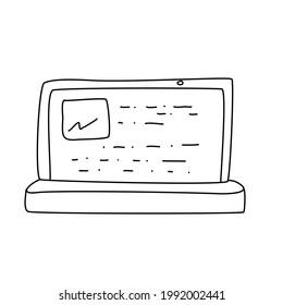 The laptop is black and white in a doodle style. Isolated element on a white background.