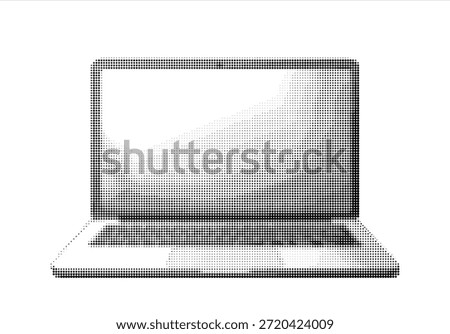 Laptop with black white dotted effect. Dotted texture retro halftone collage torn out element pop art style object. Vector	