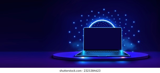 A laptop with a blank blue screen on a futuristic podium, highlighted on a black background with the effect of neon lighting from the podiums. A laptop with an empty touch screen. Vector illustration