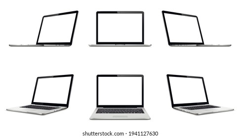 Portátil con pantalla vacía en blanco aislado en fondo blanco. Vista de perspectiva, superior y frontal del portátil con pantalla en blanco.