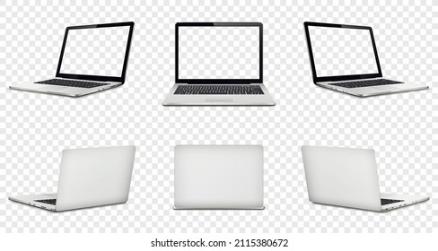 Laptop with blank empty screen on transparent background. Perspective, top, front and back view.