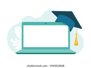 Laptop with blank screen, academic mortarboard graduate cap. Online learning concept. Vector stock illustration. 