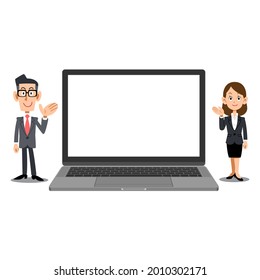 A laptop with a blank screen and a business person to guide you
