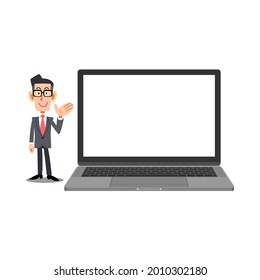A laptop with a blank screen and a businessman who guides you