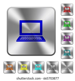 Laptop with blank screen engraved icons on rounded square glossy steel buttons