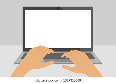 Laptop with blank screen and hands on keyboard. Vector illustration